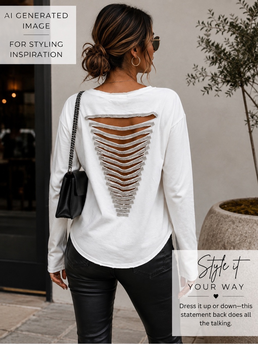 Sydney White Rhinestone Cutout Back Long Sleeve Top Size L NWT